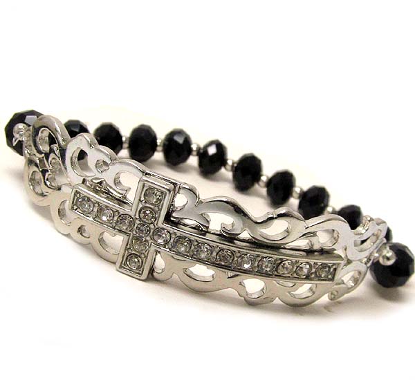 Crystal cross on metal filigree stretch bracelet