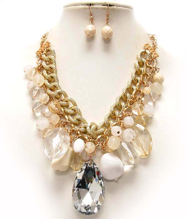 Crystal tear drop and mixed beads and acryl balls drop double chain necklace earring set
