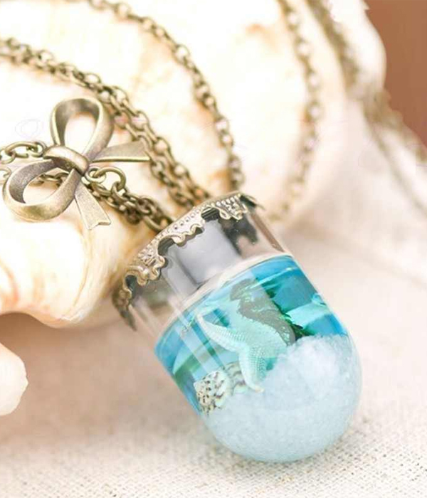 Mermaid tears in bottle pendant necklace
