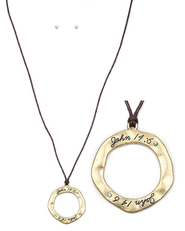 RELIGIOUS INSPIRATION ORGANIC ROUND PENDANT AND WAX CORD LONG NECKLACE SET - JOHN 14:6
