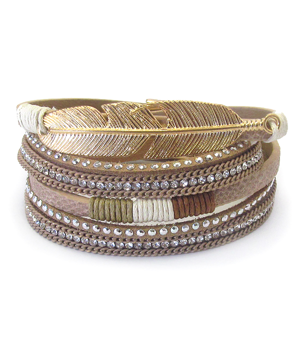 Metal feather and crystal leather wrap bracelet