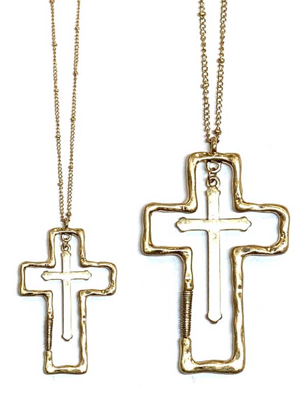 DOUBLE CROSS PENDANT LONG NECKLACE