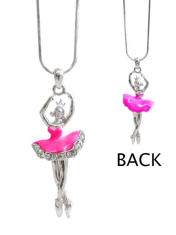 Whitegold palting crystal and epoxy ballerina pendant necklace