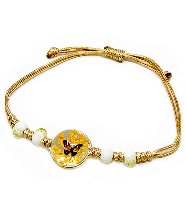 Dry flower and butterfly cabochon pull tie bracelet