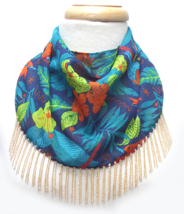 Flower print with chain tassel drop bib scarf