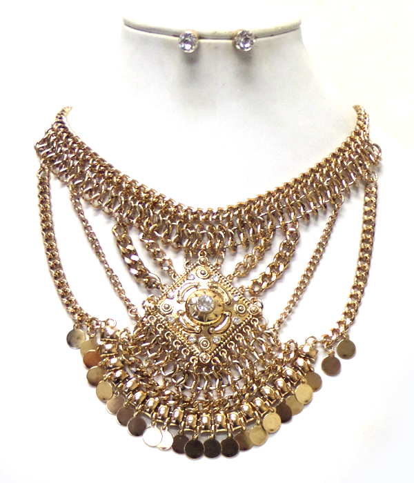 Baroque style multi layer chain with smal disks drop ncklace set