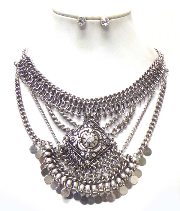 Baroque style multi layer chain with smal disks drop ncklace set