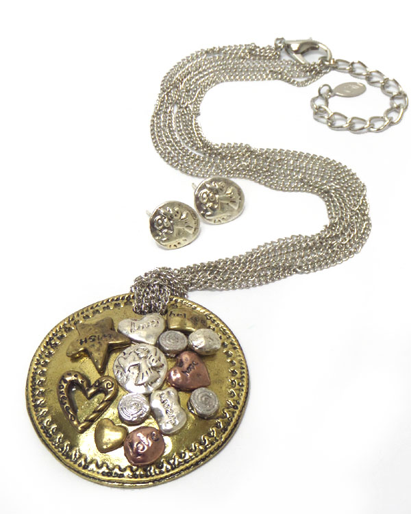 Love angel theme metal art deco round pendant long necklace set