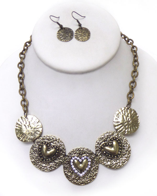 Crystal heart disk link necklace set