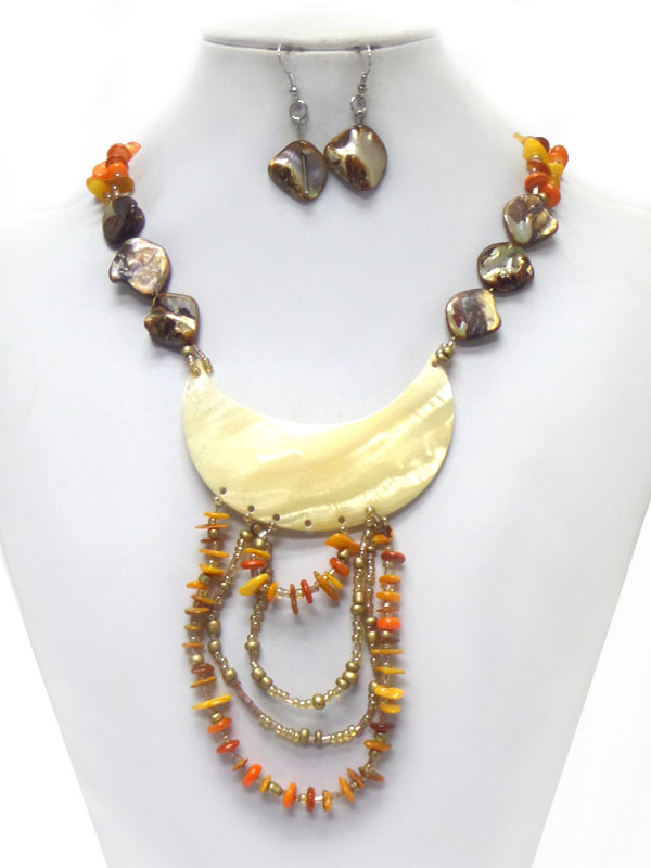 Shell pendant and chip stone drop necklace set