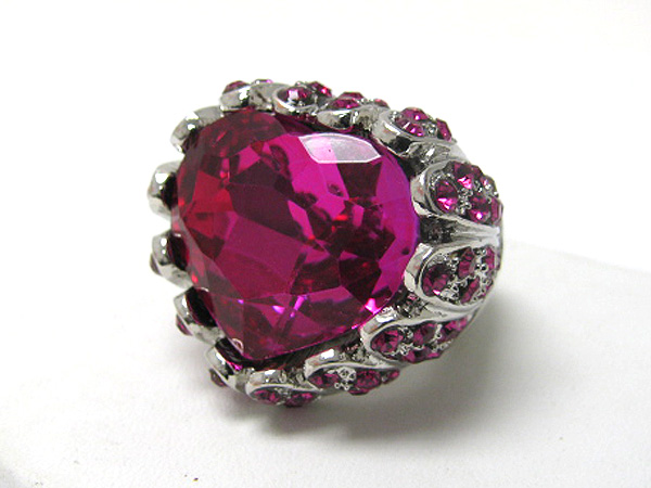 Facet glass heart and crystal deco stretch ring