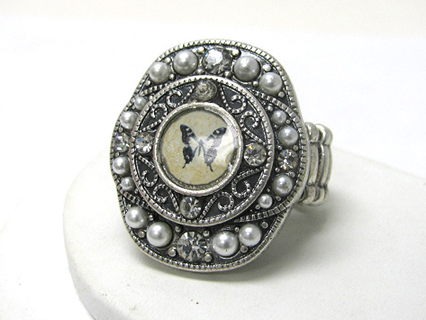 Retro vintage pearl stud butterfly picture stretch ring