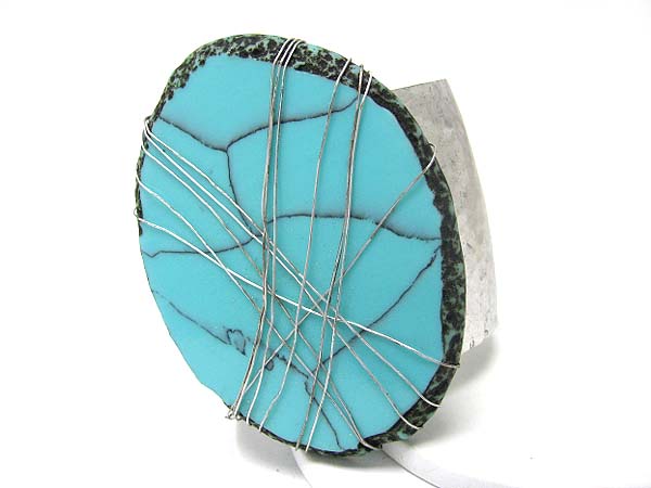 Oval flat natural stone wired metal cuff bangle