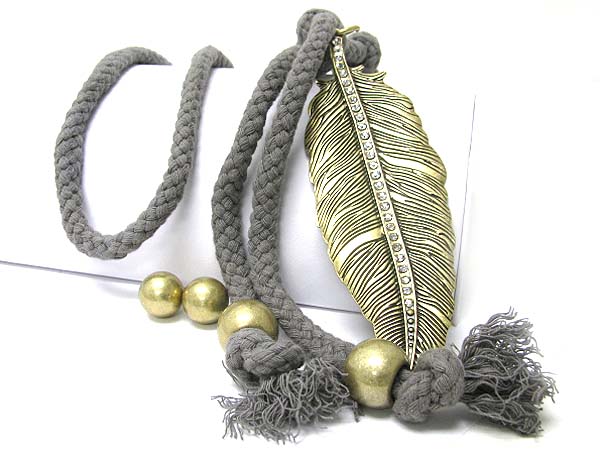 Crystal stud leaf dangle braided rope long necklace set