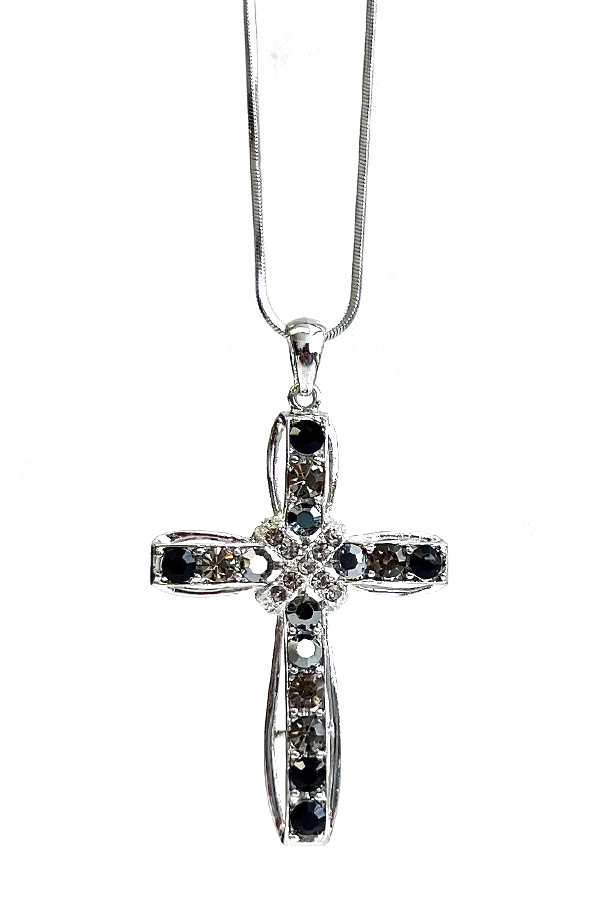 WHITEGOLD PLATING CRYSTAL STUD CROSS PENDANT NECKLACE