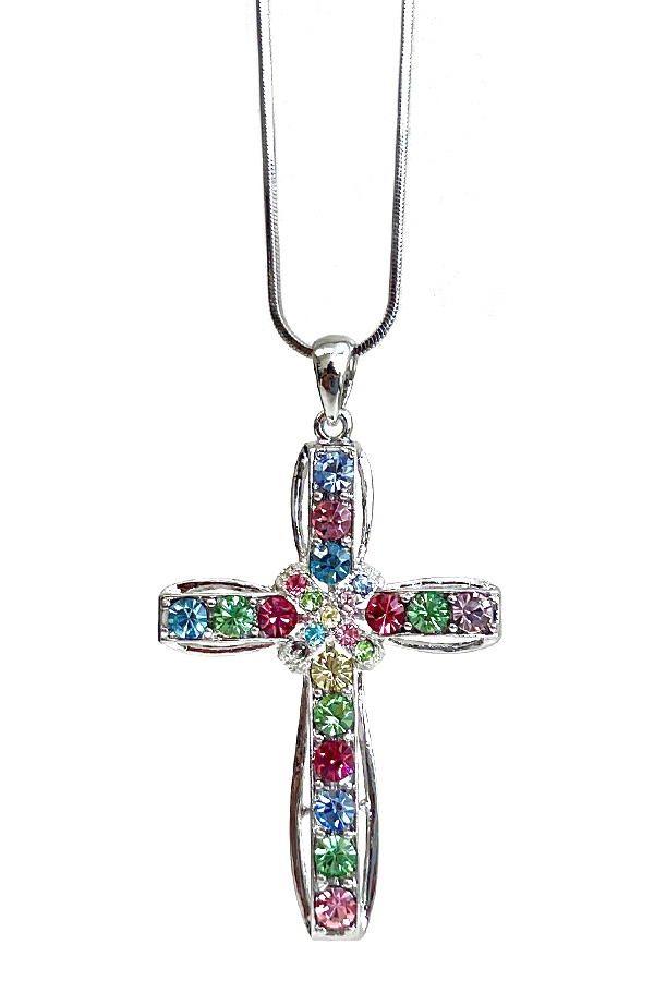 WHITEGOLD PLATING CRYSTAL STUD CROSS PENDANT NECKLACE