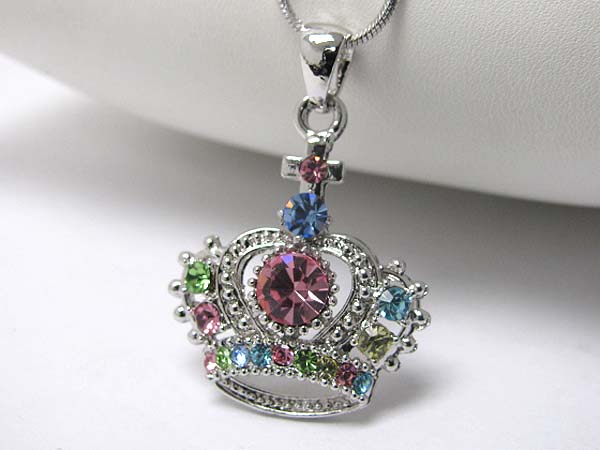 Made in korea whitegold plating crystal stud crown pendant necklace