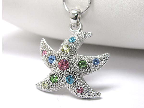 WHITEGOLD PLATING CRYSTAL STUD STARFISH PENDANT NECKLACE