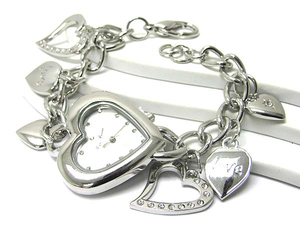 Crystal stud multi heart charm dangle chain watch -valentine