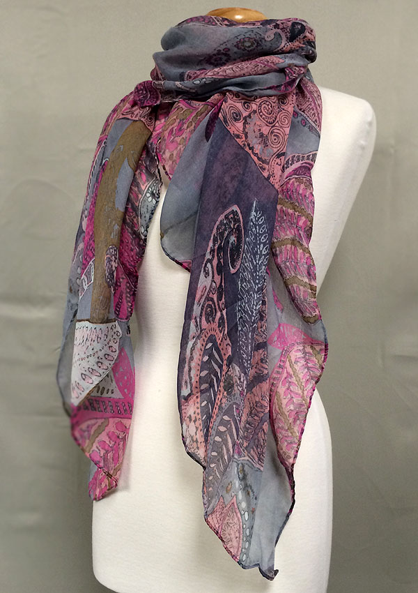 Multi leaves print folkloric pattern scarf
