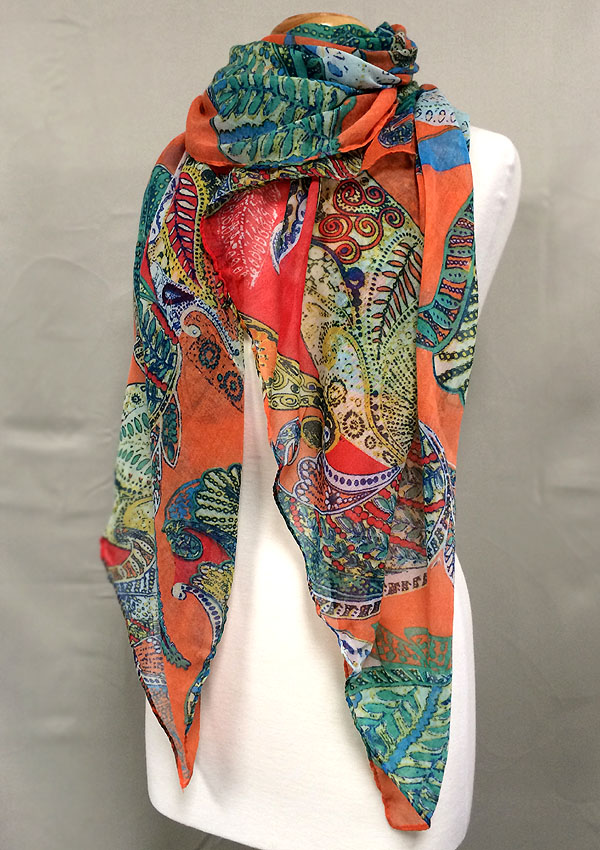Multi leaves print folkloric pattern scarf