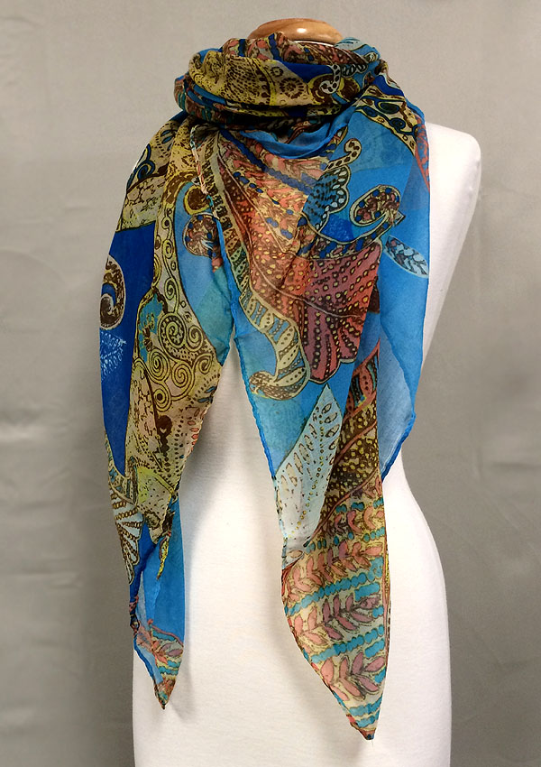 Multi leaves print folkloric pattern scarf