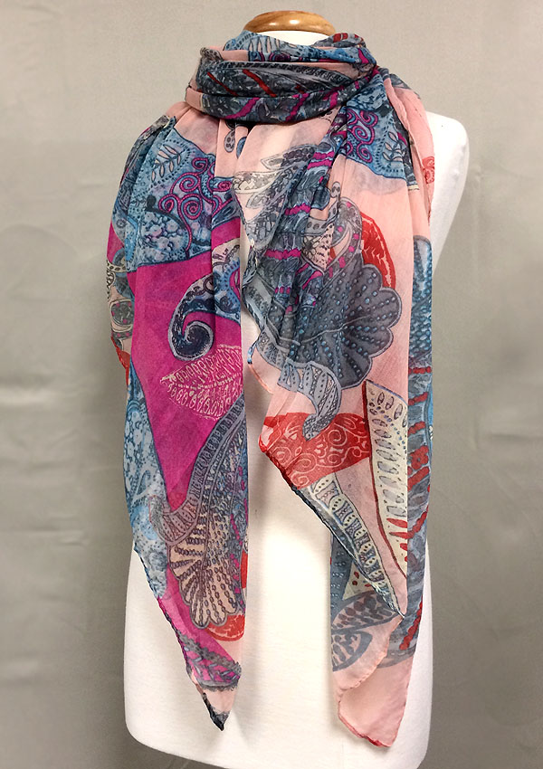 Multi leaves print folkloric pattern scarf