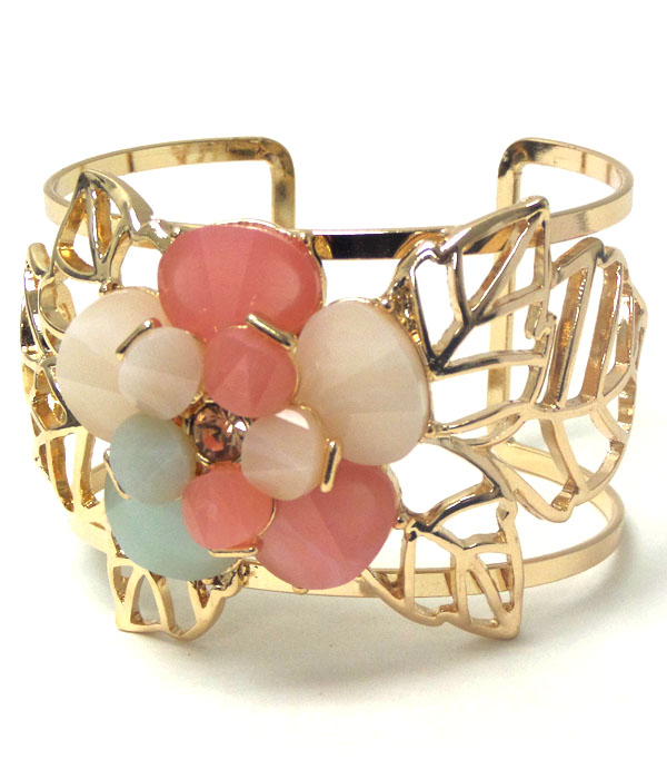 Acrylic flower and metal filigree cuff bracelet