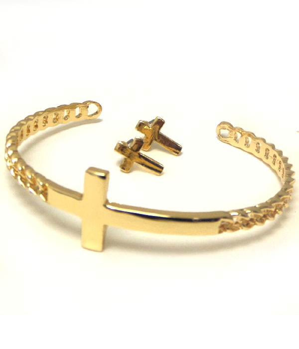 Metal cross and adjustable chain cuff bracelet and earring set