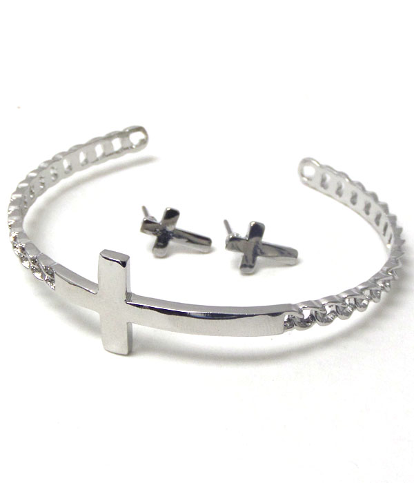 Metal cross and adjustable chain cuff bracelet and earring set