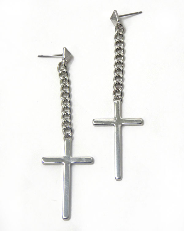 METAL CROSS AND CHAIN DROP EARRING