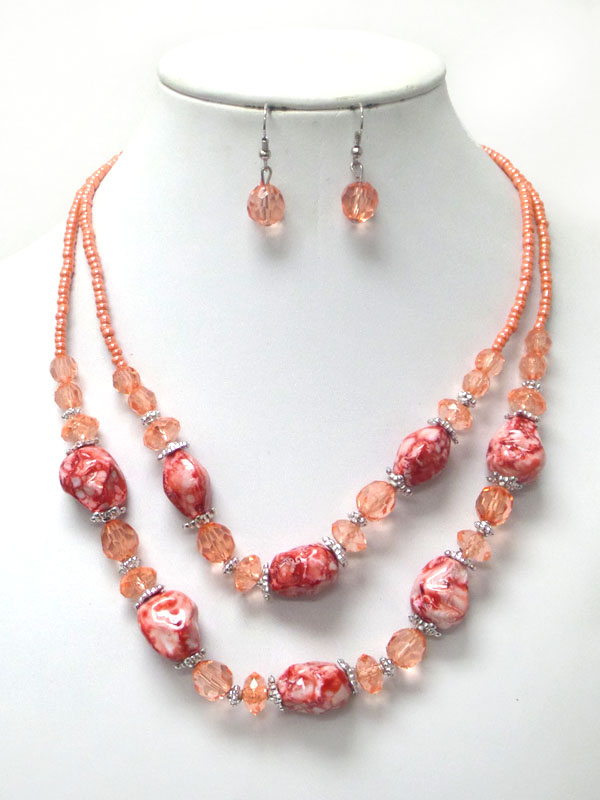 Natural shape and seed bead double layer necklace earring set