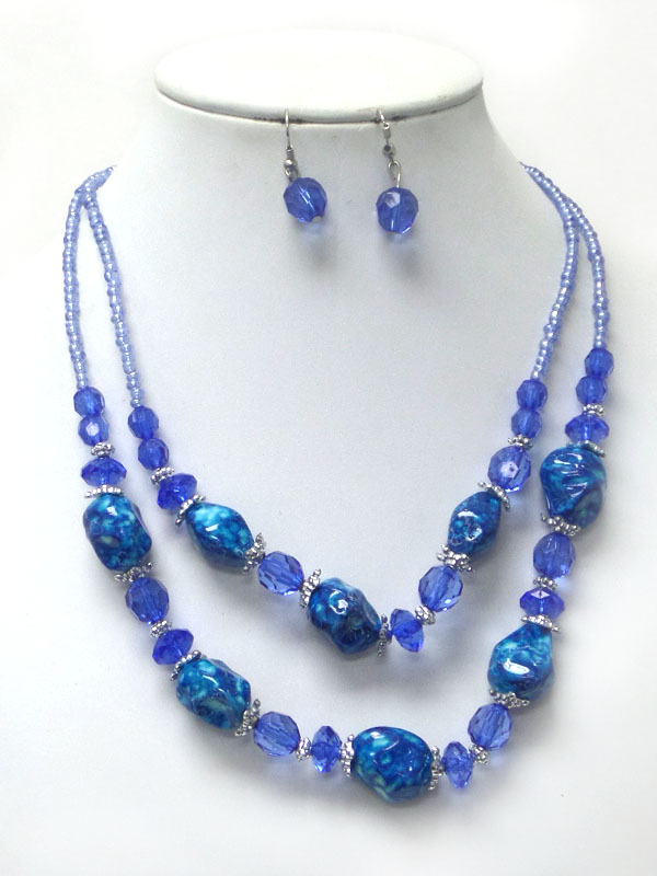 Natural shape and seed bead double layer necklace earring set