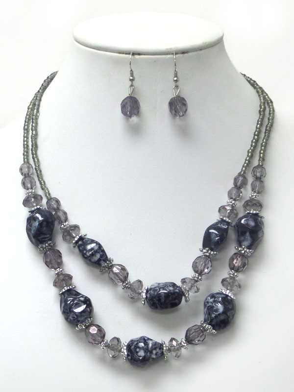 Natural shape and seed bead double layer necklace earring set
