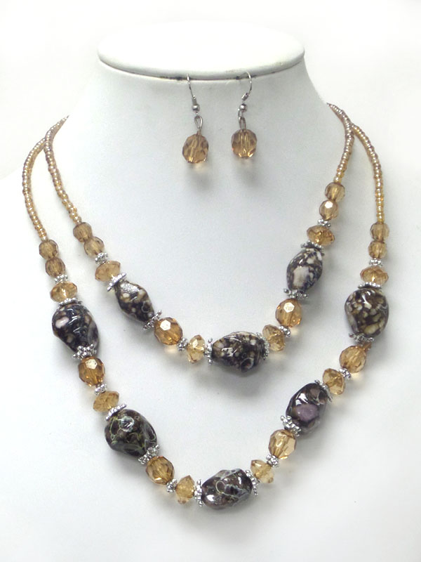 Natural shape and seed bead double layer necklace earring set