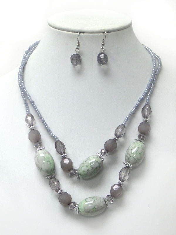Marble print and seed bead double layer necklace earring set