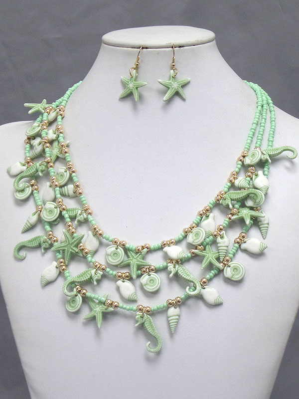 Multi sealife theme charm 3 layer necklace earrring set