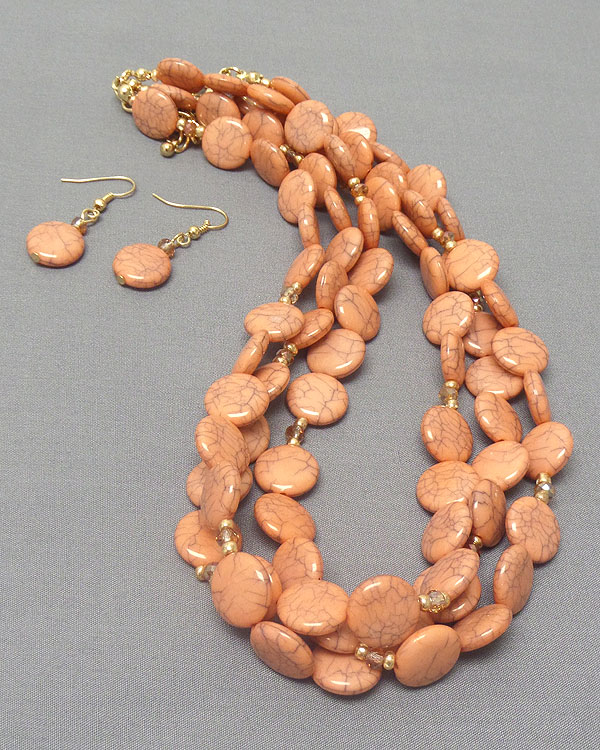 Marble print disk stone 3 layer necklace earring set