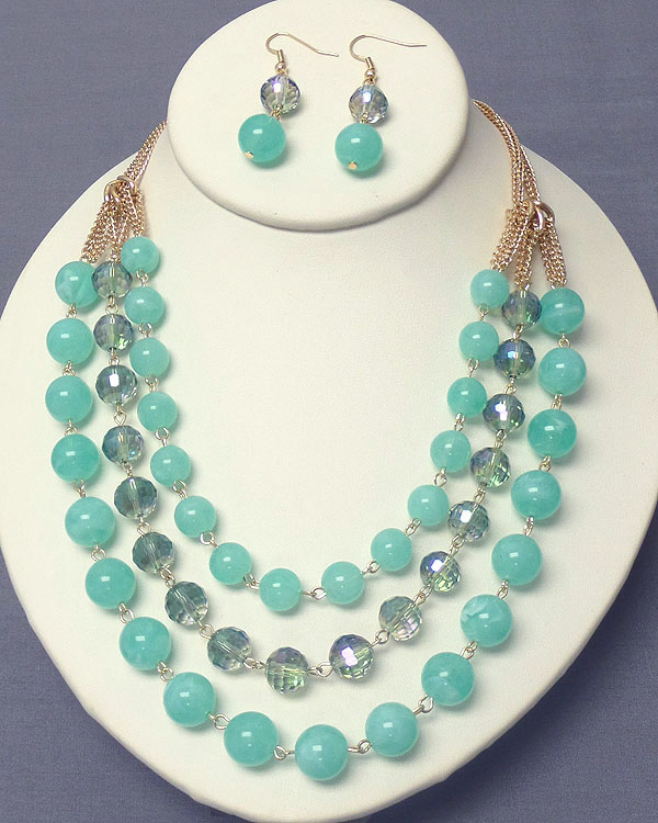 Stone link 3 layer necklace earring set