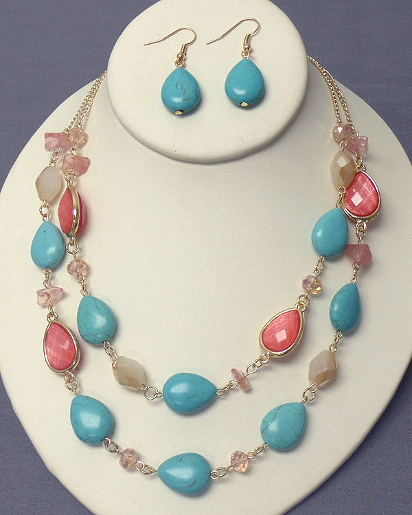 Multi teardrop turquoise and acrylic stone double layer necklace earring set