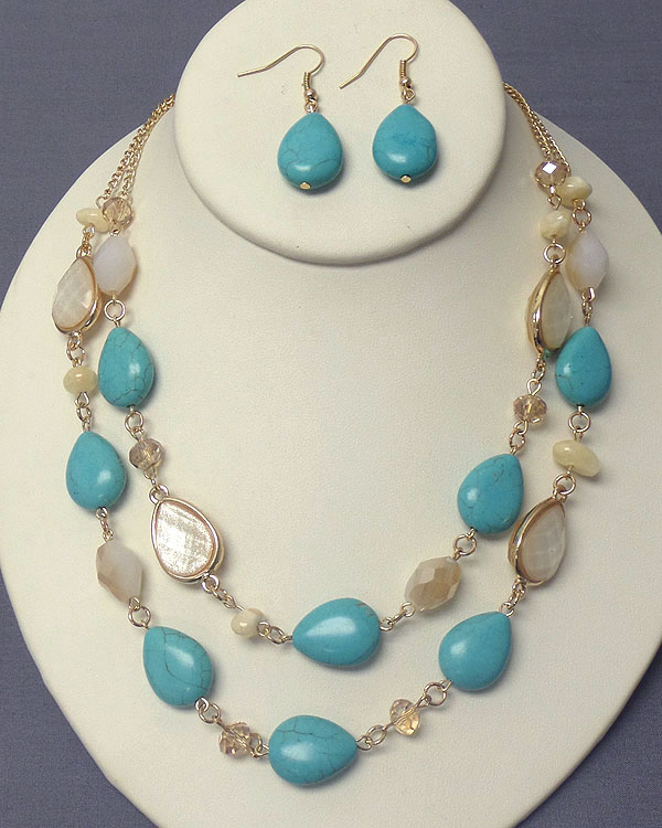 Multi teardrop turquoise and acrylic stone double layer necklace earring set