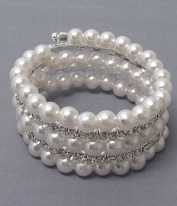 Crystal and pearl link and coiled stretch bracelet