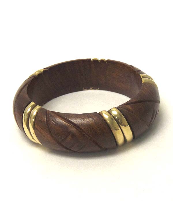 Metal stripe accent wooden bangle bracelet