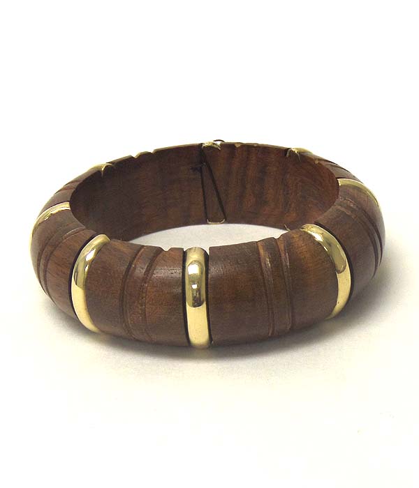 METAL STRIPE ACCENT WOODEN BANGLE BRACELET