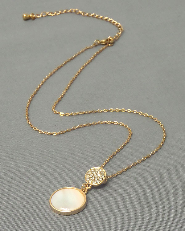 Electro plating and crystal and mother of pearl disk link drop necklace