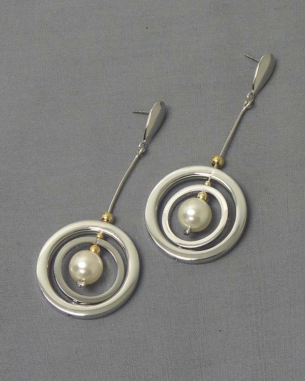 Electro plating double hoop and pearl center drop earring