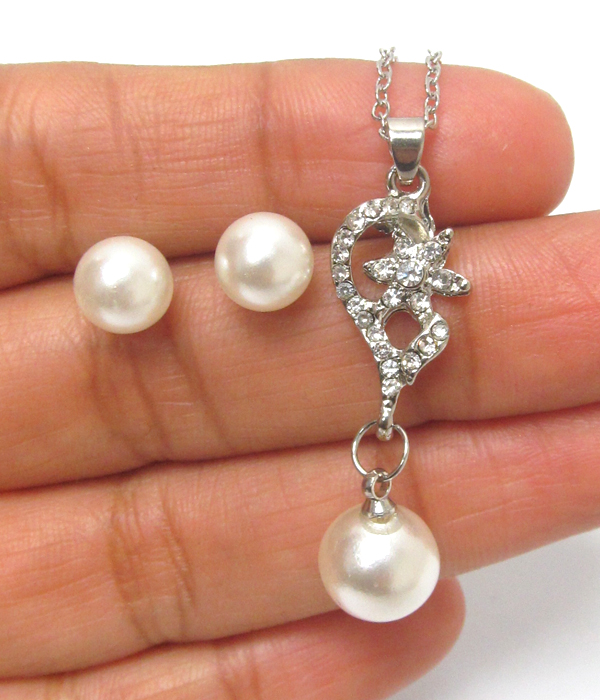 CRYSTAL AND PEARL DROP PENDANT NECKLACE EARRING SET