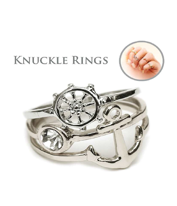 Nautical anchor and wheel stackable multi knuckle ring combo set of 3