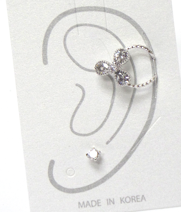 Made in korea whitegold plating flower earclip and stud earring set