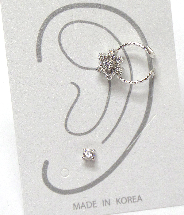Made in korea whitegold plating flower earclip and stud earring set
